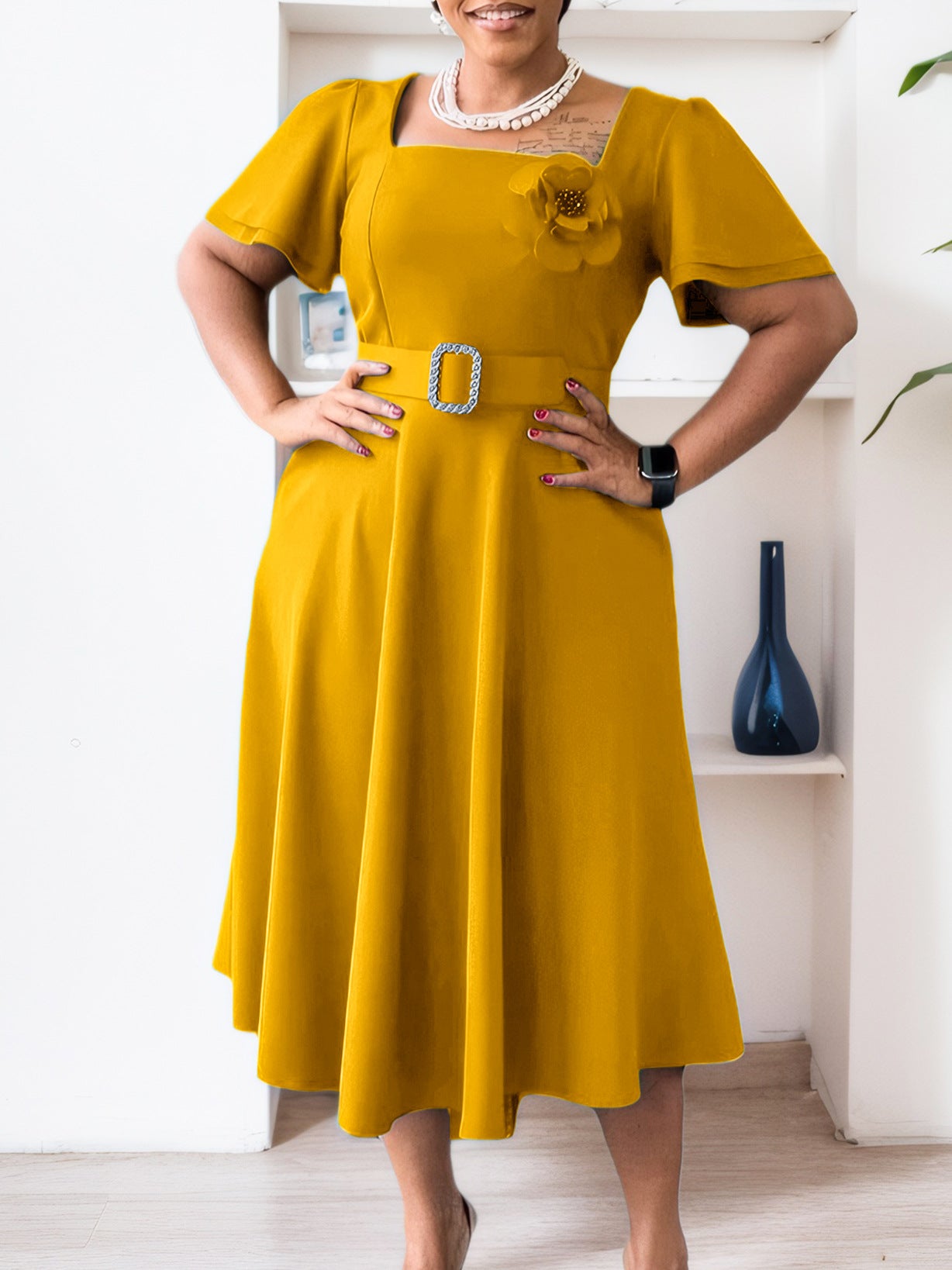 Women summer square neck solid African dress 4