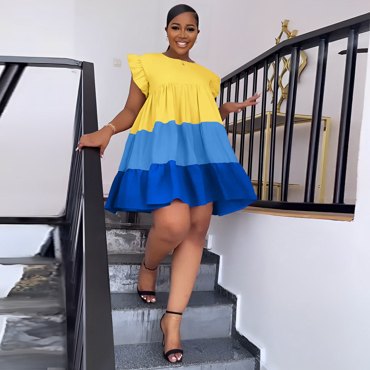 Women's Round Neck Ruffle Sleeve Contrast Patchwork Oversized Swing Dress