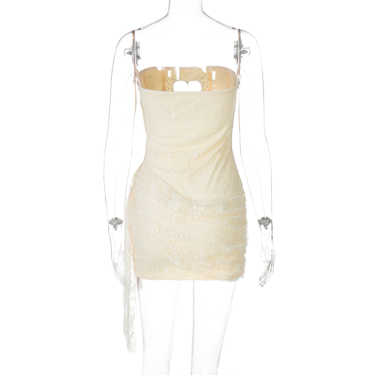 Women Beaded hollow Heart Print sexy Strapless Patchwork Lace Bodycon Dress 8