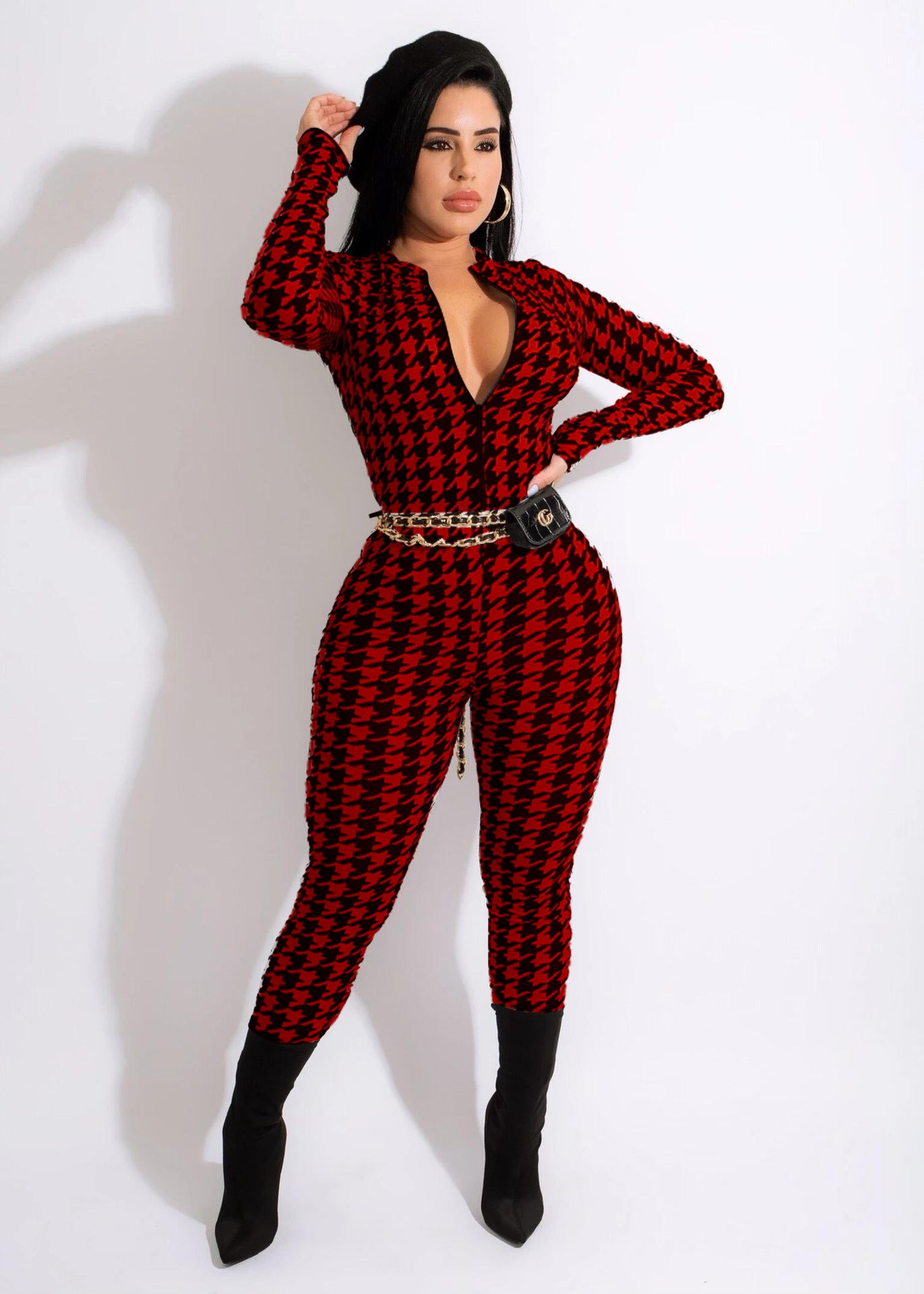 Spring Women's Plaid Print Round Neck Zipper Casual Jumpsuit