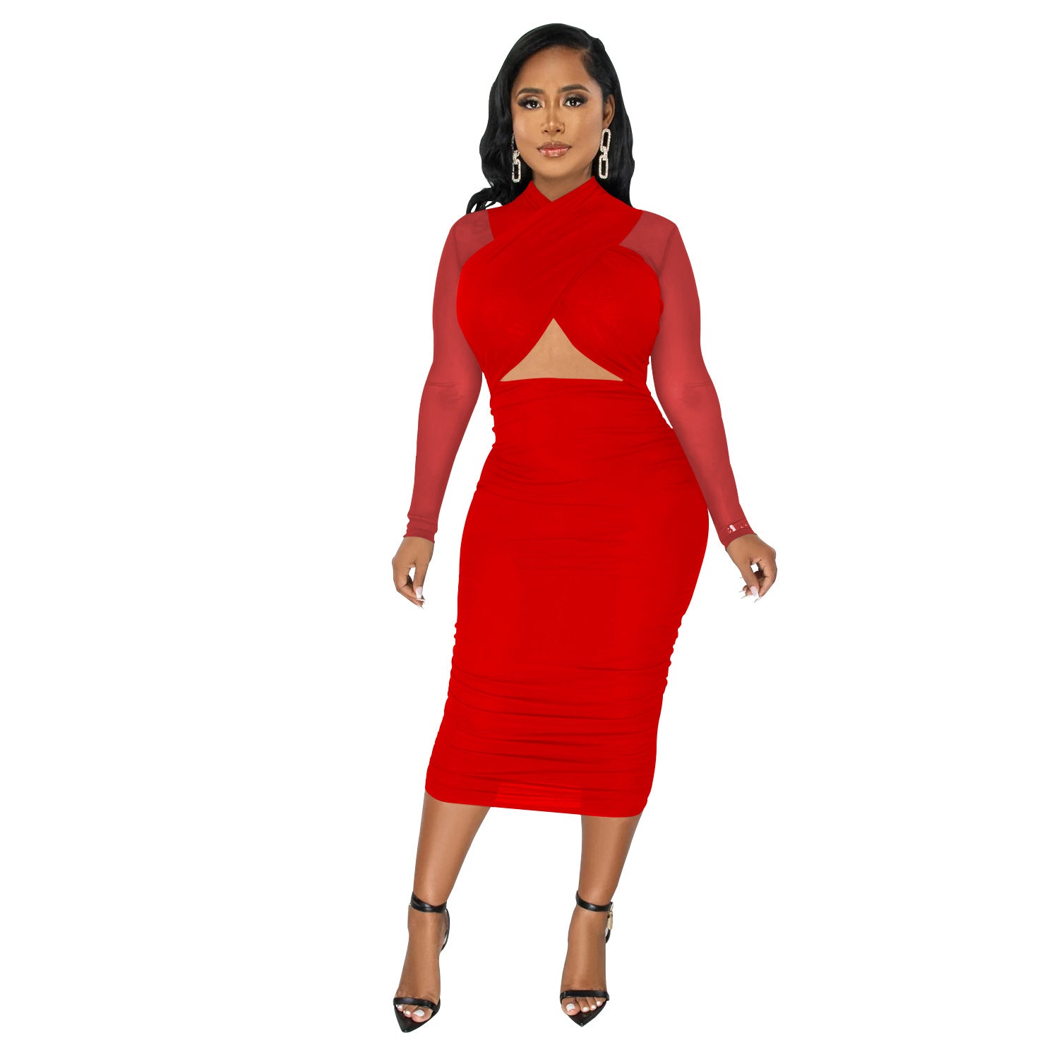 Women Mesh Long Sleeve Solid Cut Out Bodycon Dress 12