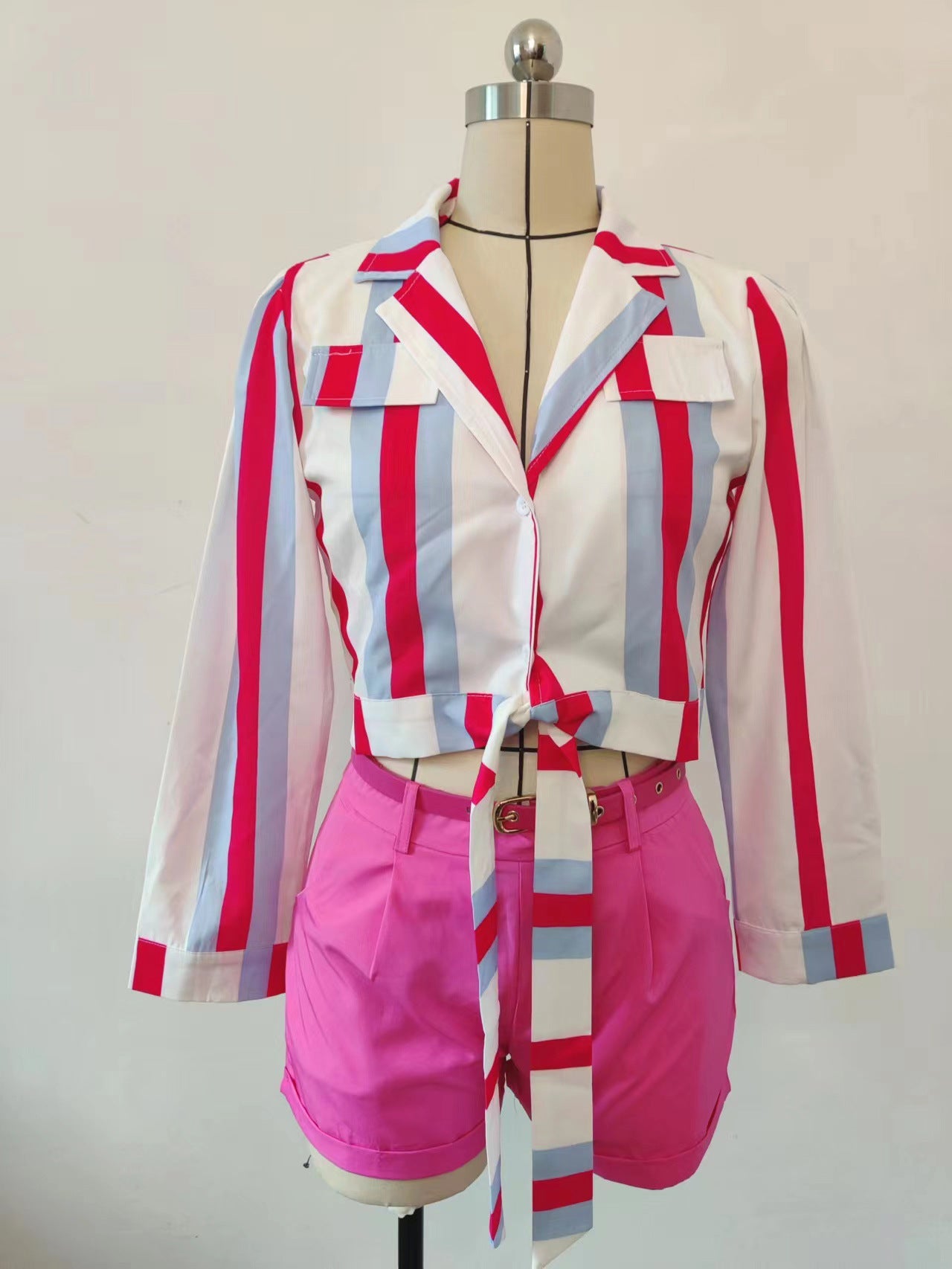 Women's Striped Digital Print Lace-Up Short Turndown Collar Shirt Shorts Two-Piece Set 12