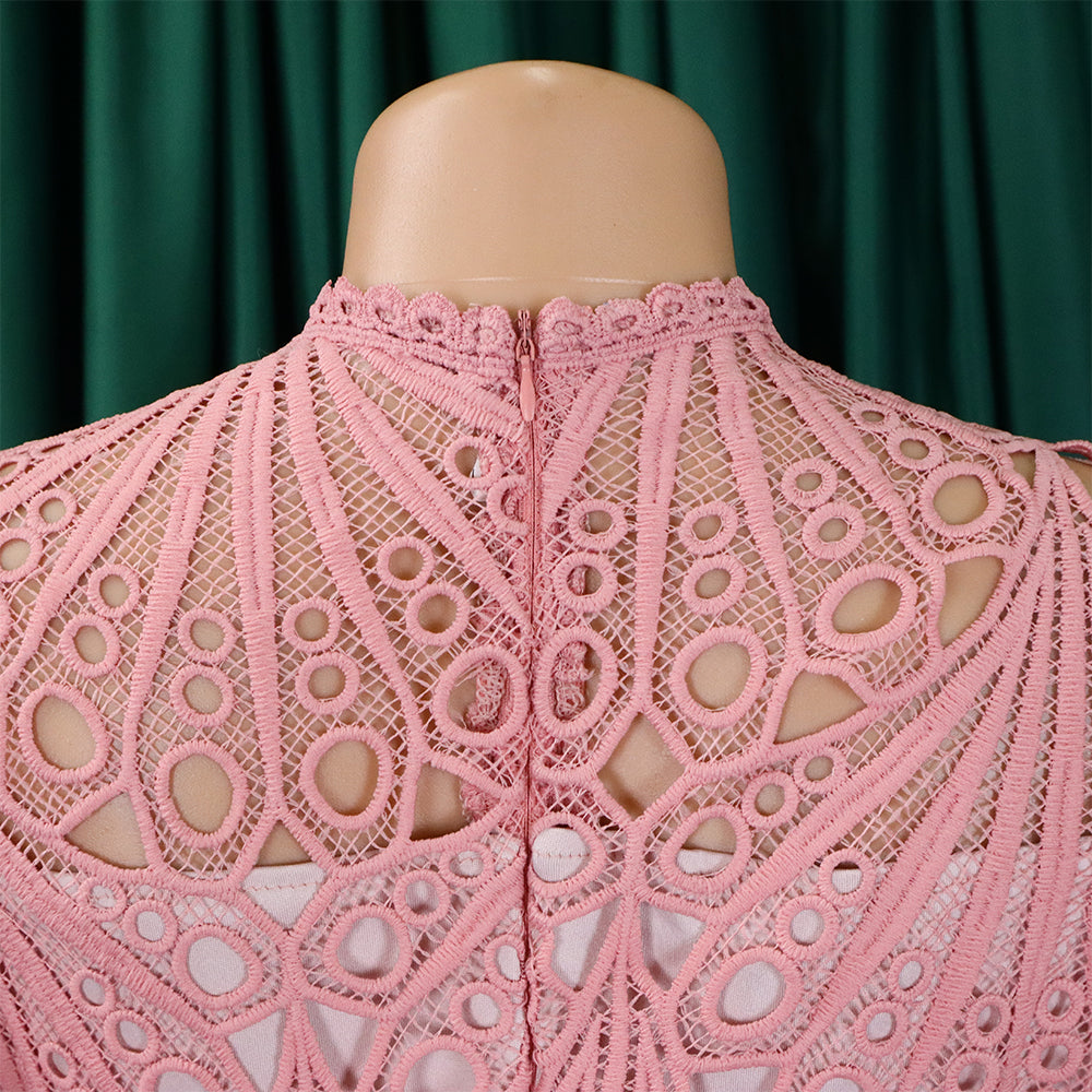 Women'S Chic Solid Color Lace Crochet Cutout Pleated Dress 24