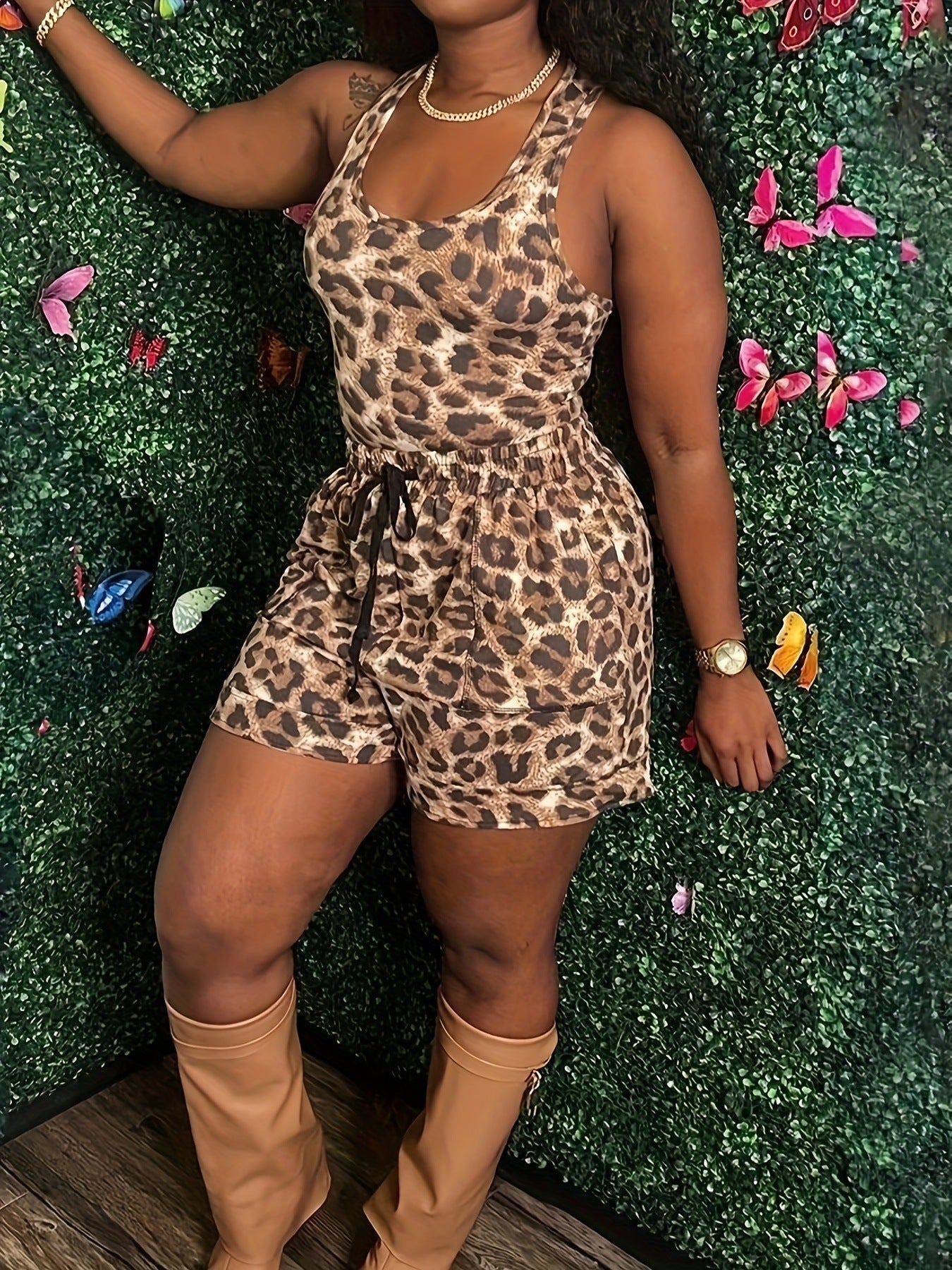 Women Leopard Print Suspender Top and Lace-up pocket shorts two-piece set 3