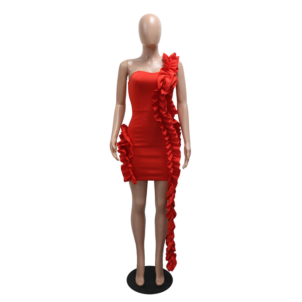 Women one shoulder ruffle edge formal party bodycon dress 5