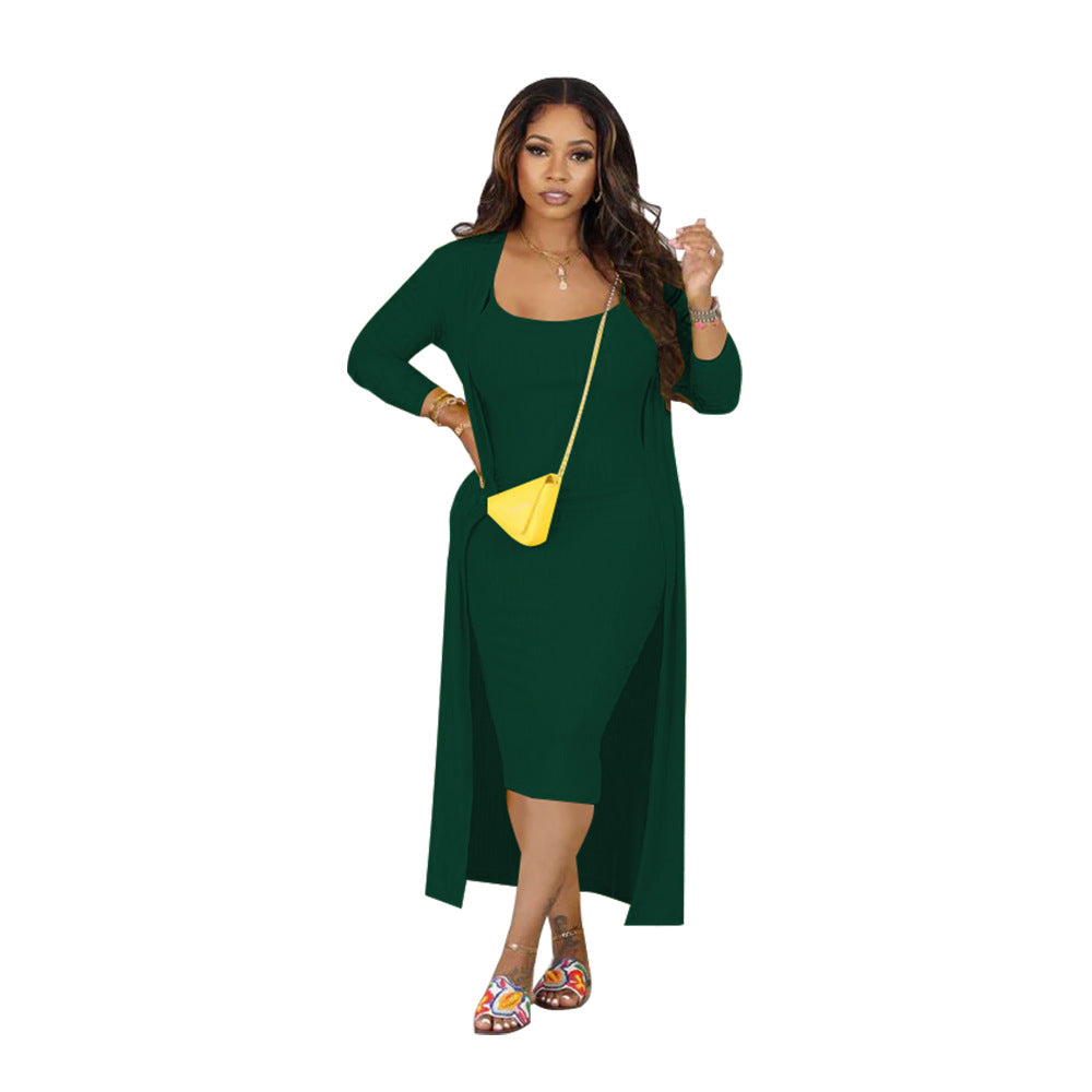 Women Ribbed Long Sleeve Robe and U-neck Suspender Midi Dress Two-piece Set 15