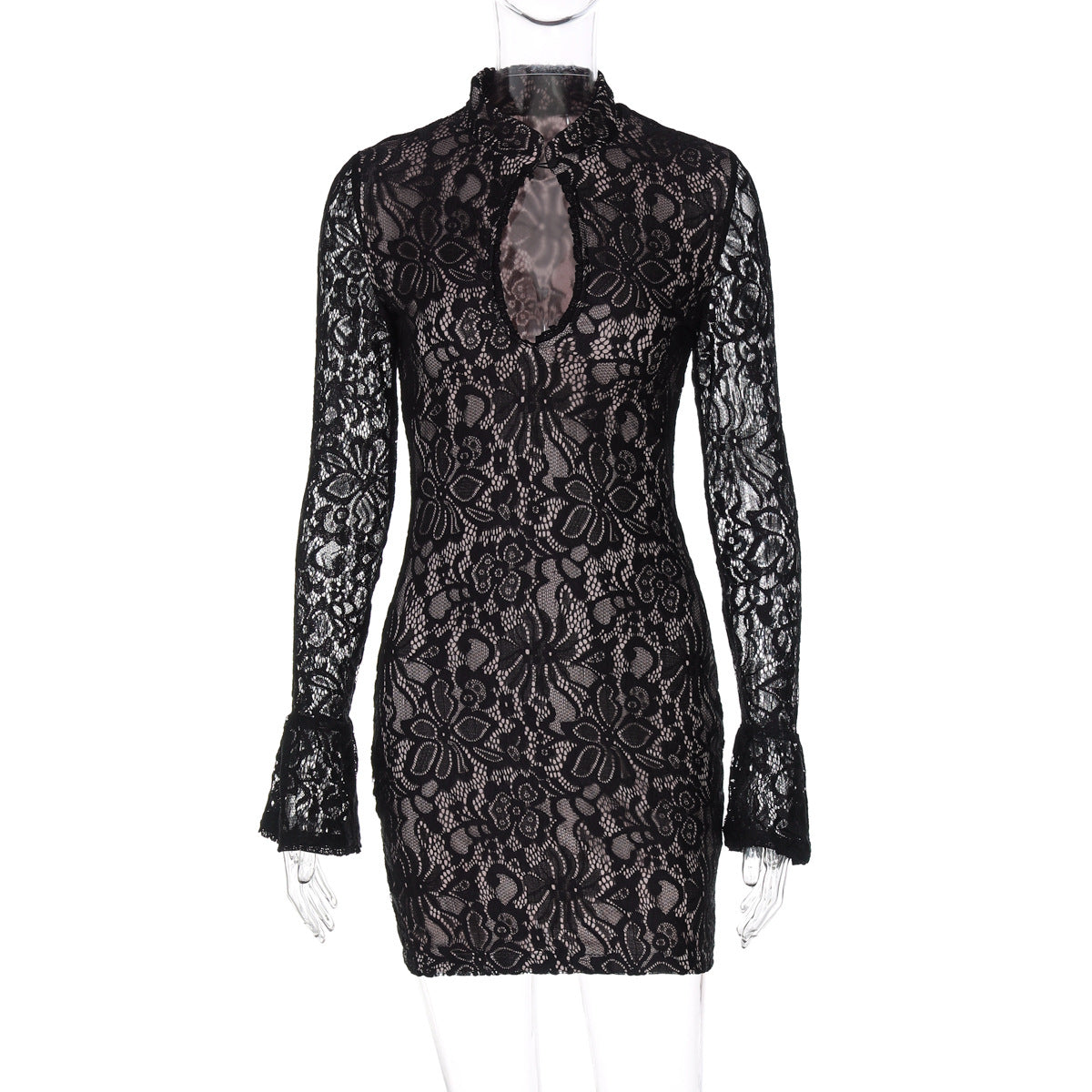 Women Winter Sexy Lace Hollow Bell Bottom Sleeve Bodycon Dress 9