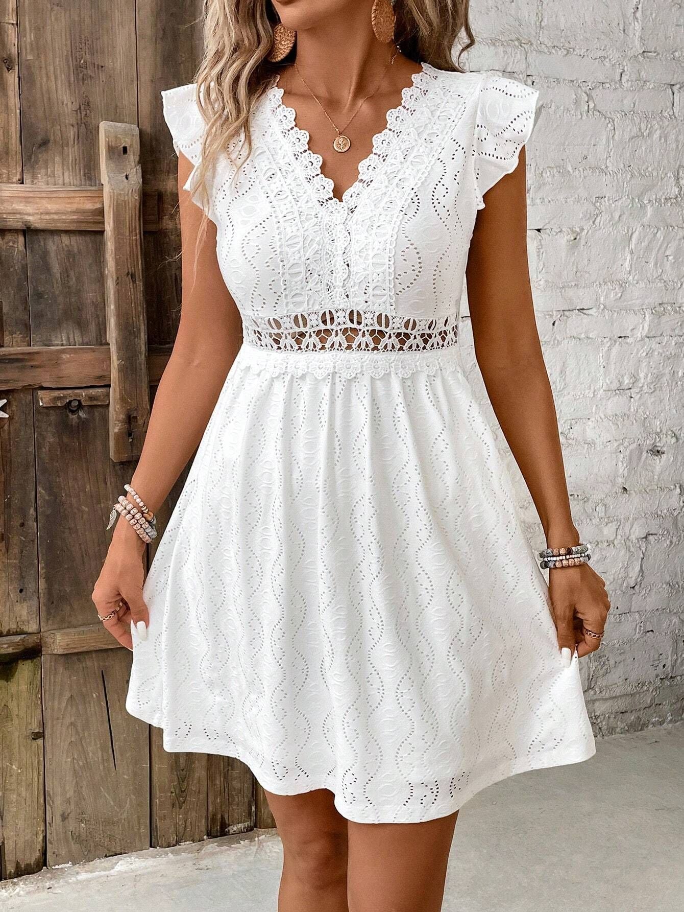 Women summer white knitting jacquard hollow Stretchy dress 6