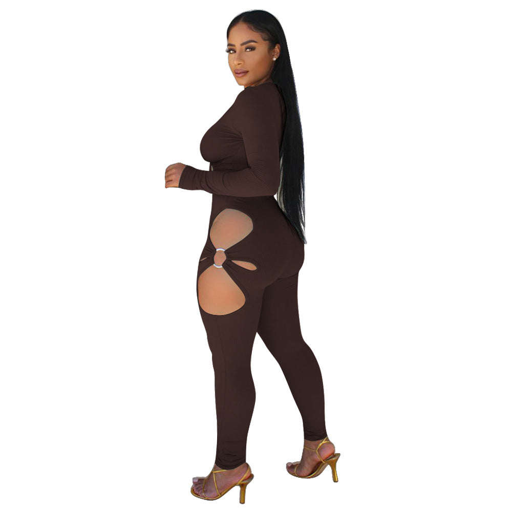 Fashionable Women's Solid Color High-Stretch Ribbed Sexy V-Neck Two-Piece Pants Set 29