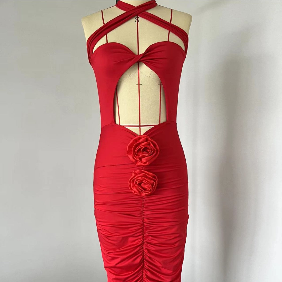 Women Flower Cross Halter Neck Hollow Sexy Plunging Pleated Dress 9