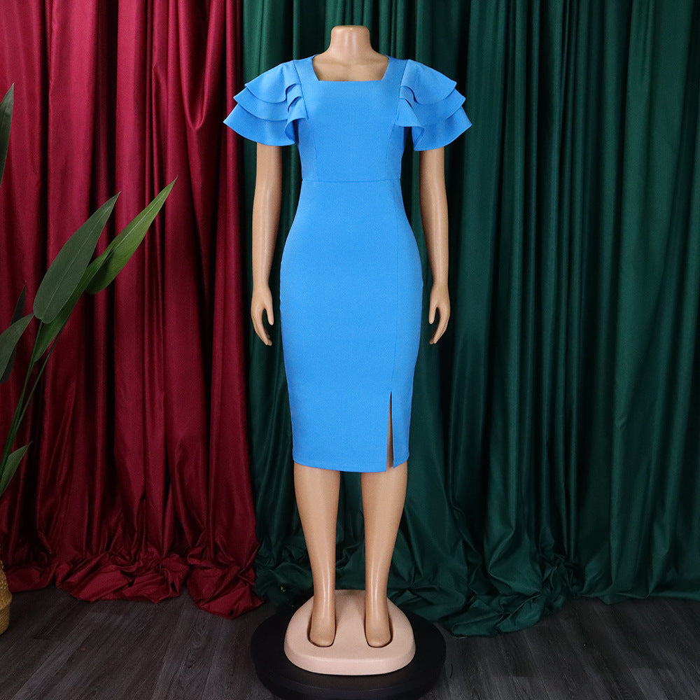 Women's Summer Chic Career Square Neck Short Sleeve Sexy Bodycon African Dress 21