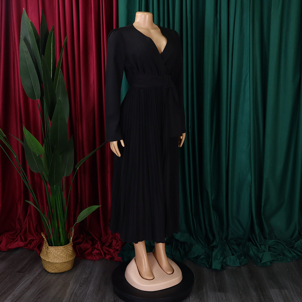 V-Neck Chic Elegant Slim Waist Belted Pleated High Waist Plus Size Dress 31
