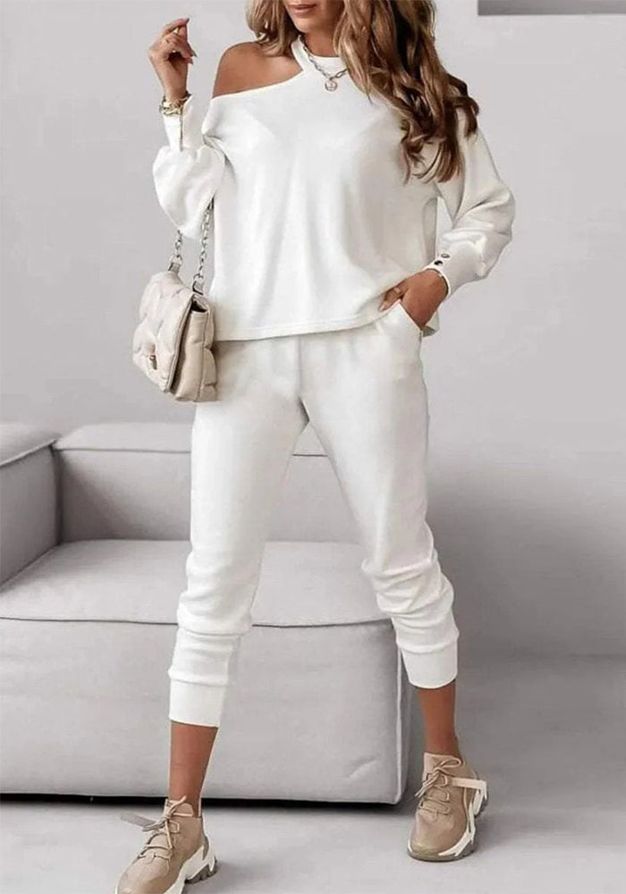 Women's Fashion Casual Solid Color Sexy Long Sleeve Single Shoulder Two Piece Pants Set