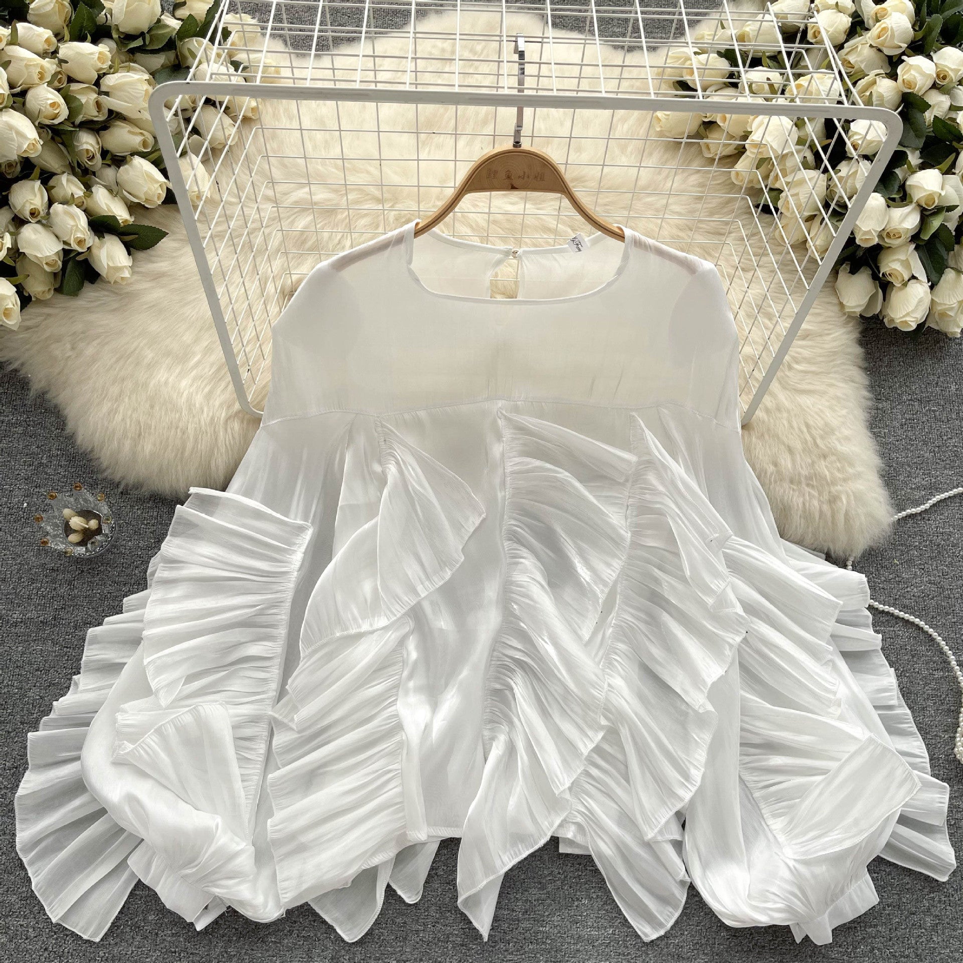 Irregular Ruffled Long-Sleeve Chiffon Blouse Autumn Loose Shirt