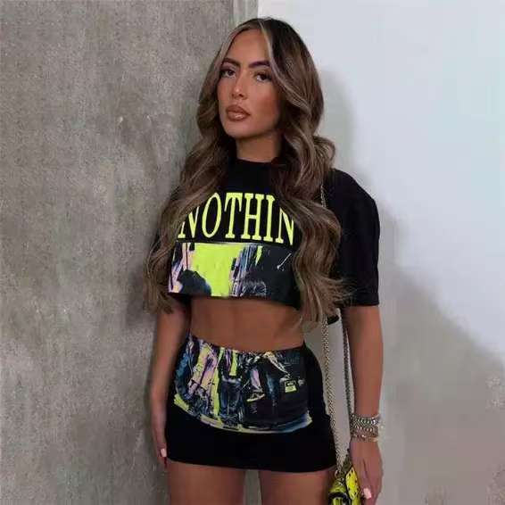 Women Casual Print Top and Skirt Two Piece Set