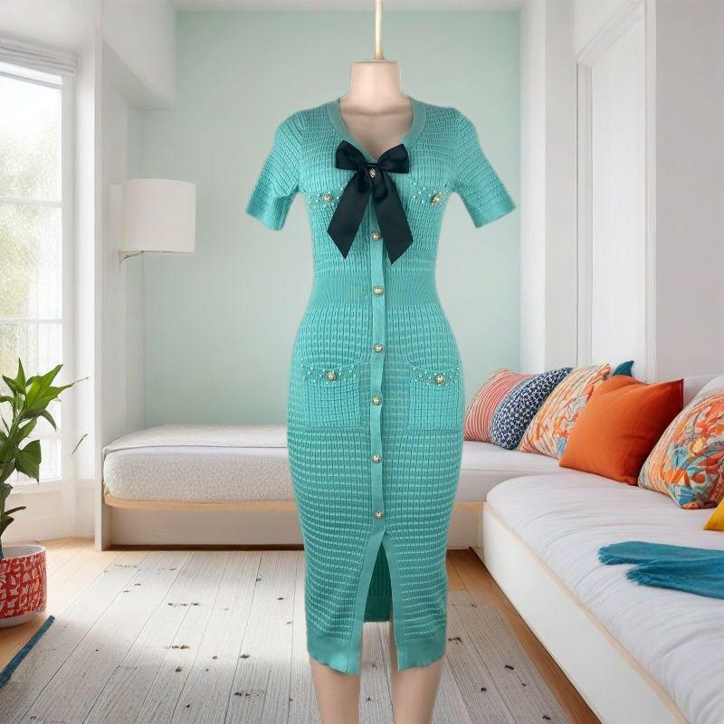 Summer Women's V-Neck Short Sleeve Slim Waist Chic Knitting Dress 5