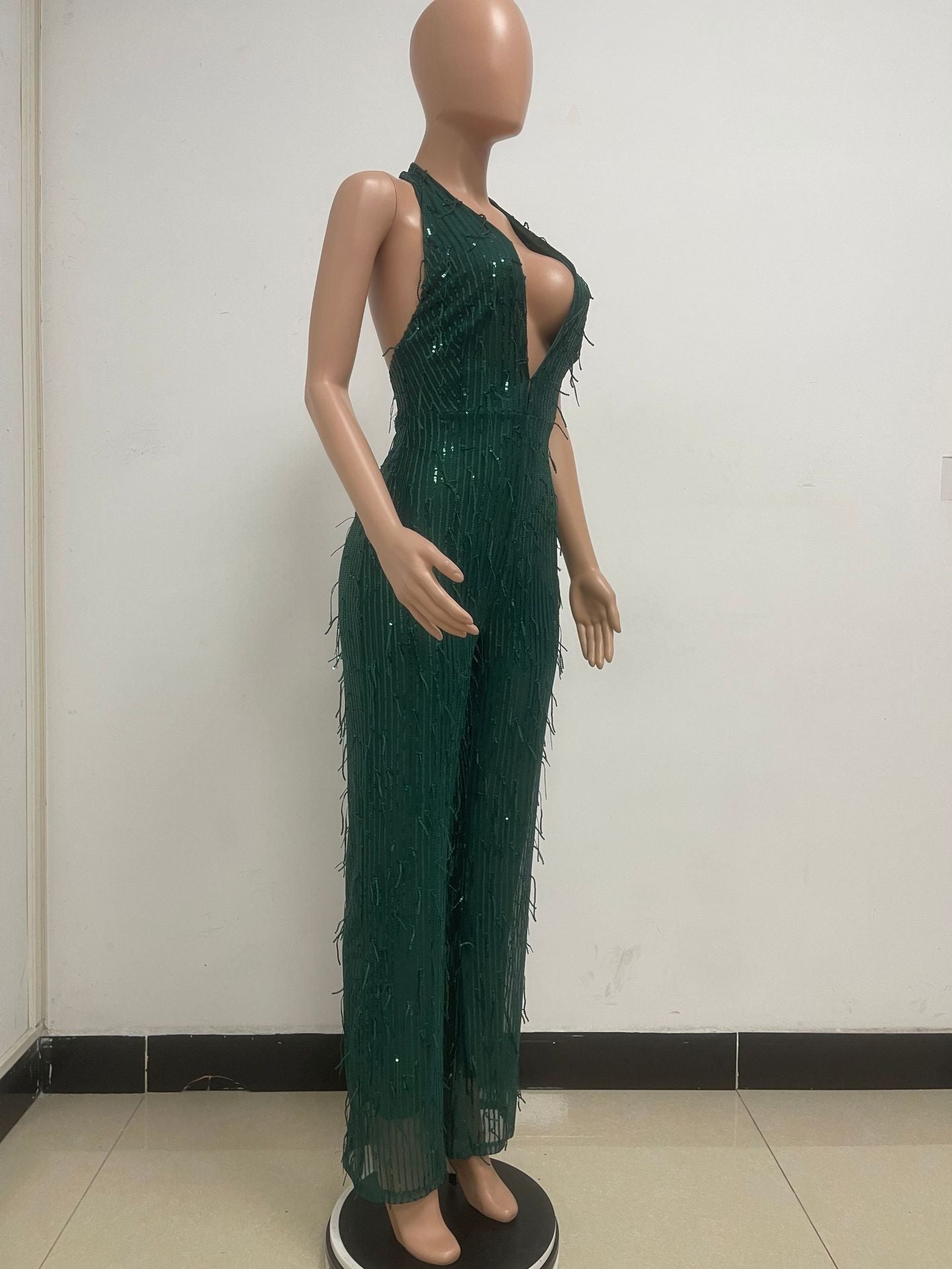 Women's Sleeveless Deep V Halter Neck Low Back Sequin Jumpsuit T 22