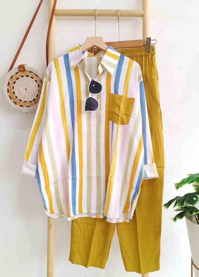 Women Striped Casual Long Sleeve Top and Long Pants Two-piece Set 3