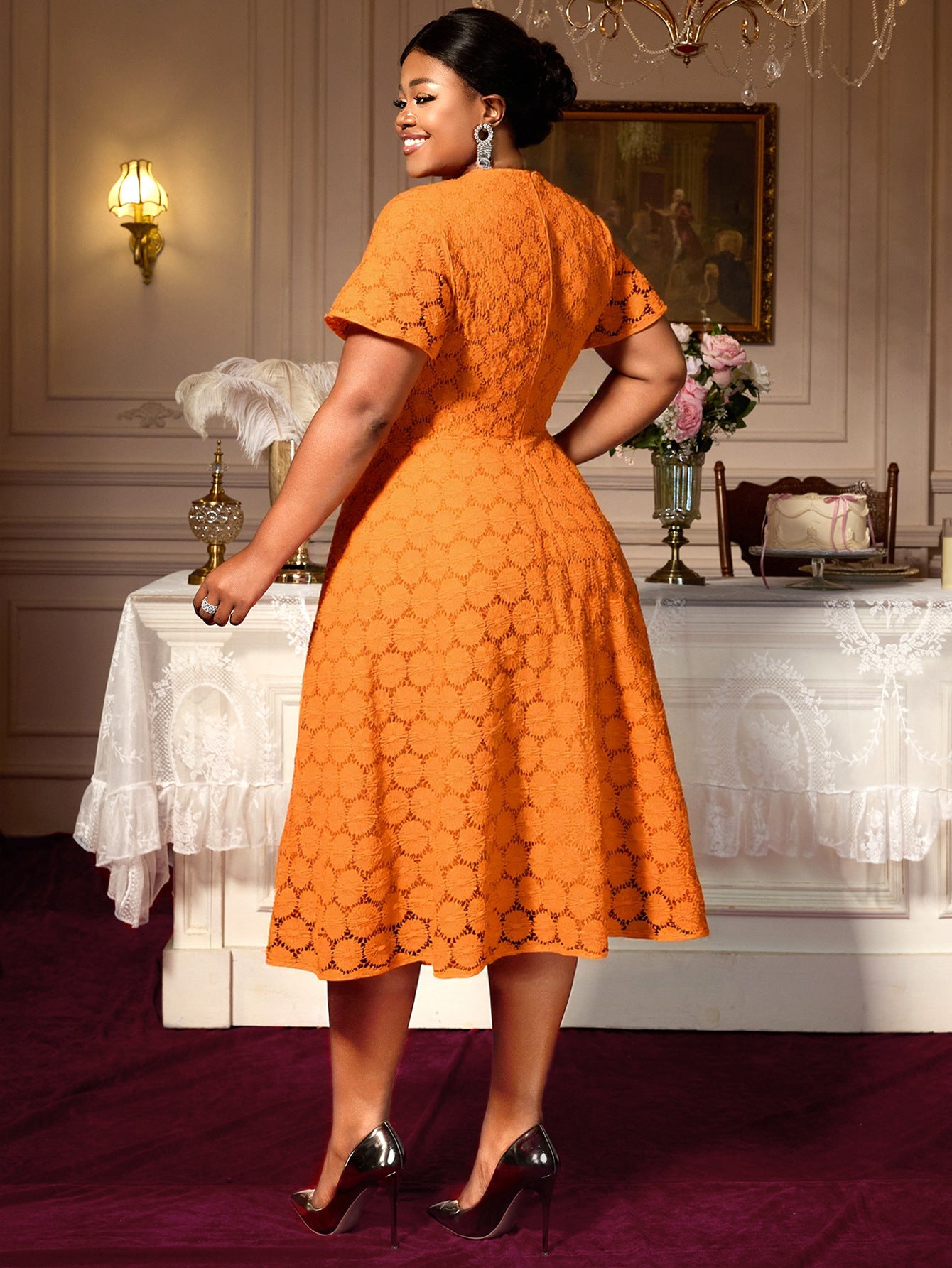 Plus Size Orange Lace Short Sleeve Dress High Waist A-Line Elegant Chic Evening Gown 3