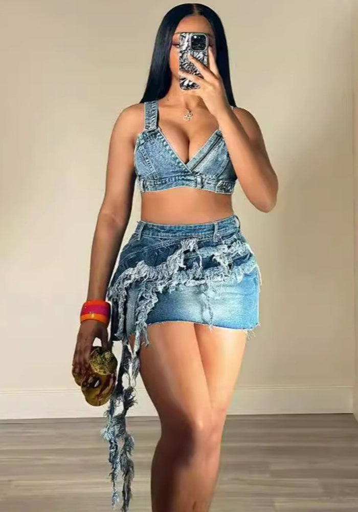 Women Summer Style Tassel Top and Skirt Elastic Denim Two-piece Set