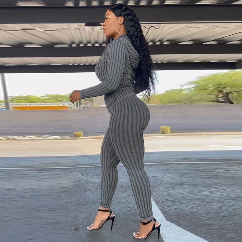 Women Sexy Stretch Ribbed Hooded Top and Pant Two-piece Set 4