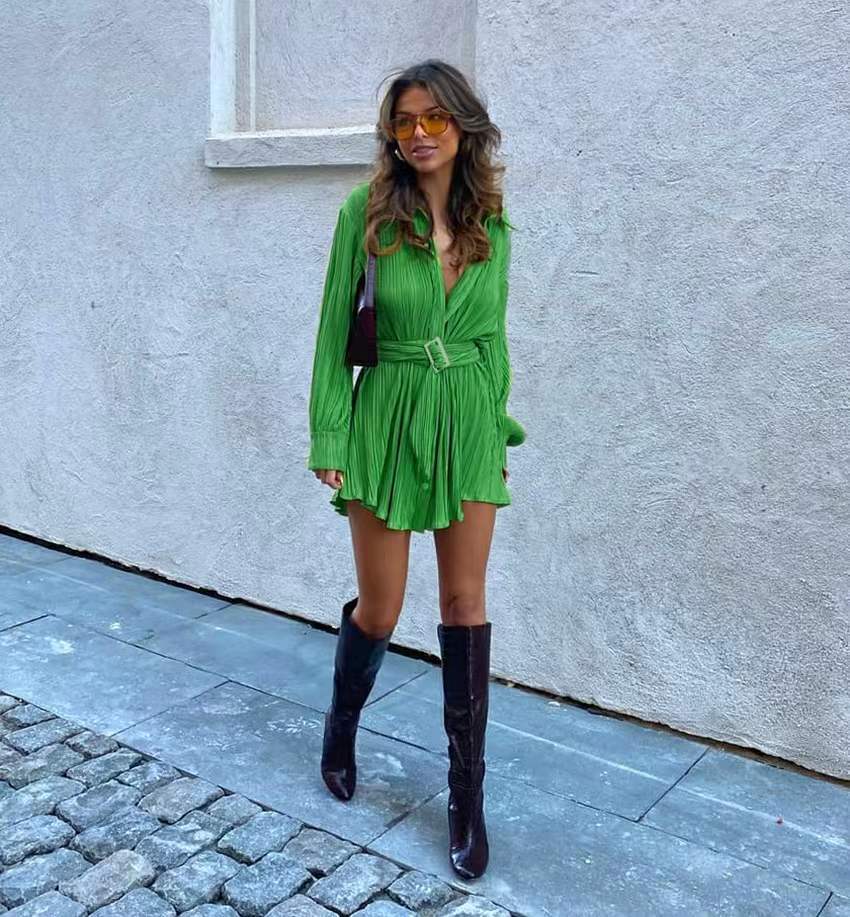 Women Pleated Long Sleeve Belted Shirt Dress