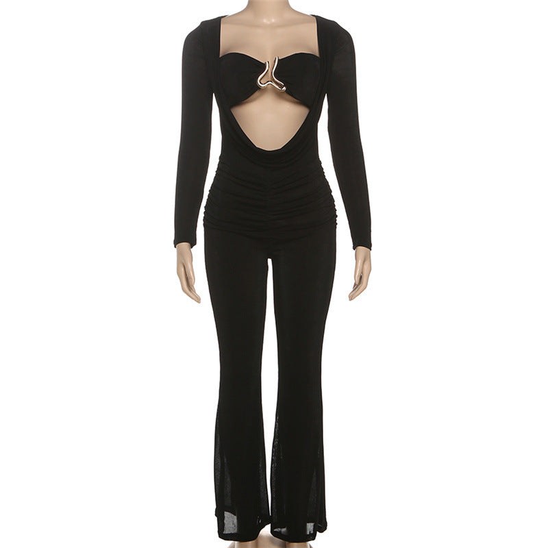 Women's Autumn Sexy Hollowed Out Cowl Neck Slim Fit High Waist Long Sleeve Jumpsuit 5