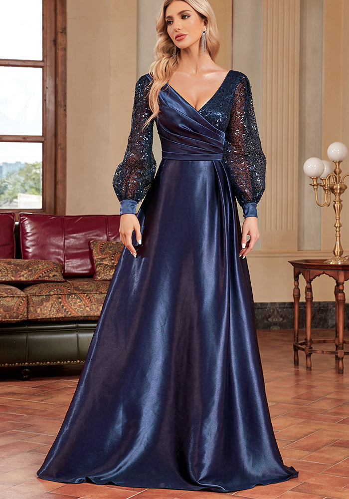 Women Silk V-neck long-sleeved fishtail sequined Formal Party evening dress