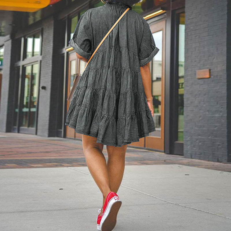 Women Denim Short Sleeve Puff Dress 5