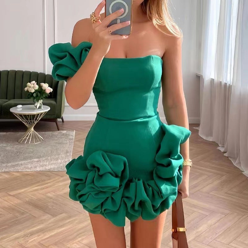 Women Summer Ruffle Flower Bud One Shoulder Strapless Bodycon Dress 4