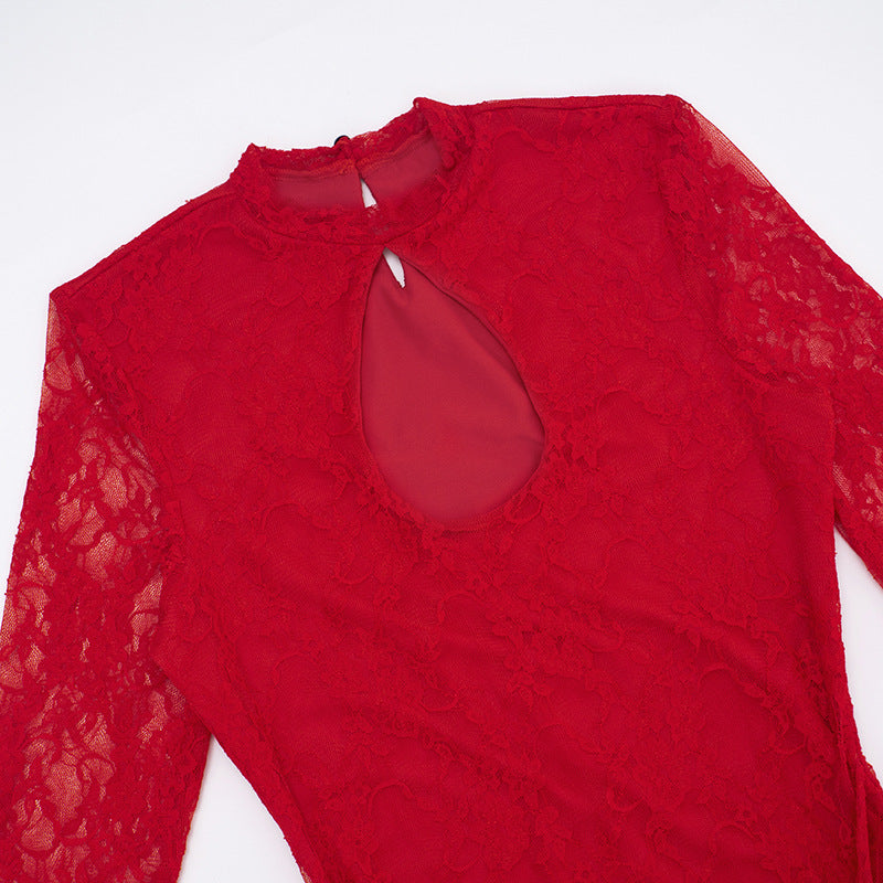 Autumn Women's Solid Color Lace-Up Sexy Lace Long Sleeve Ribbon Short Dress 16