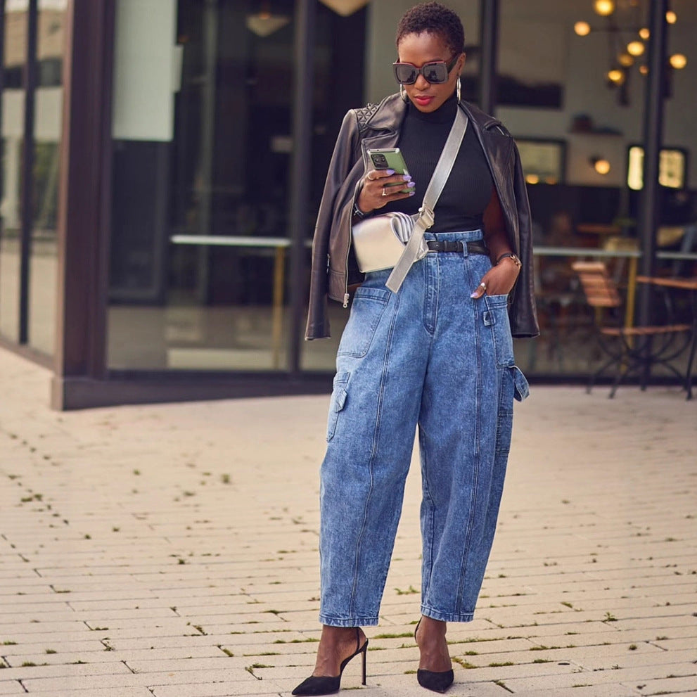 Women's Fashion Pocket Washed Tight Denim Pants