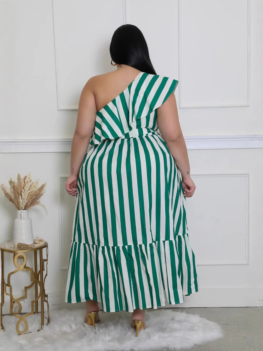 Women Striped Slash Shoulder Dress 6