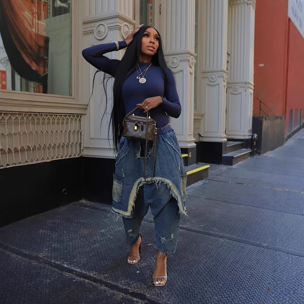 Women's Fashion Washed Ripped Loose Denim Patchwork Pants 5