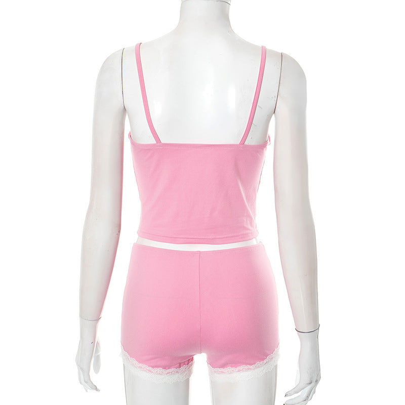 Women Spring and Summer Suspender Lace Bow Lace Crop Top and Shorts Two-Piece Set 7