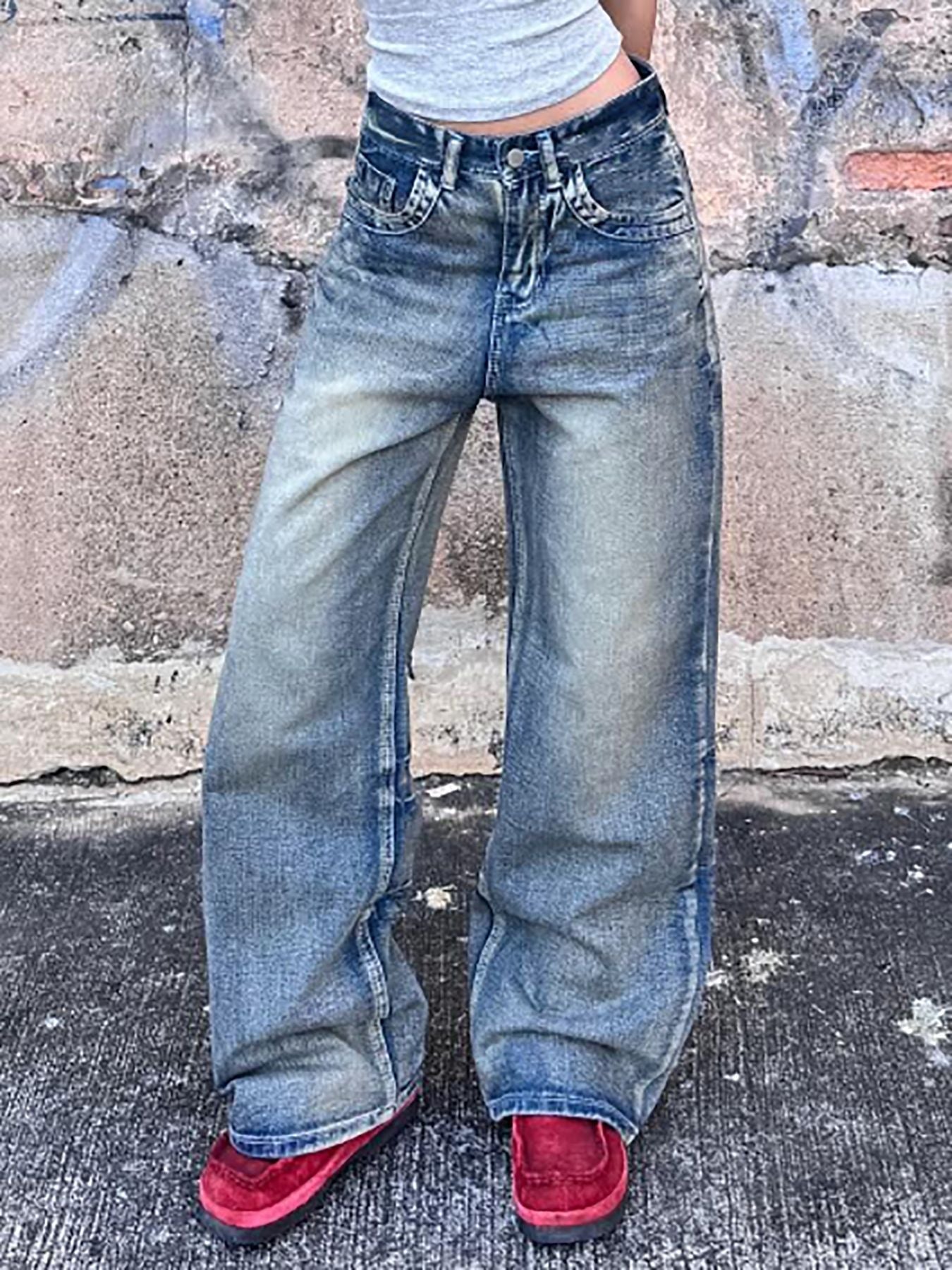 Women No Stretchy Denim Wide Leg Pants