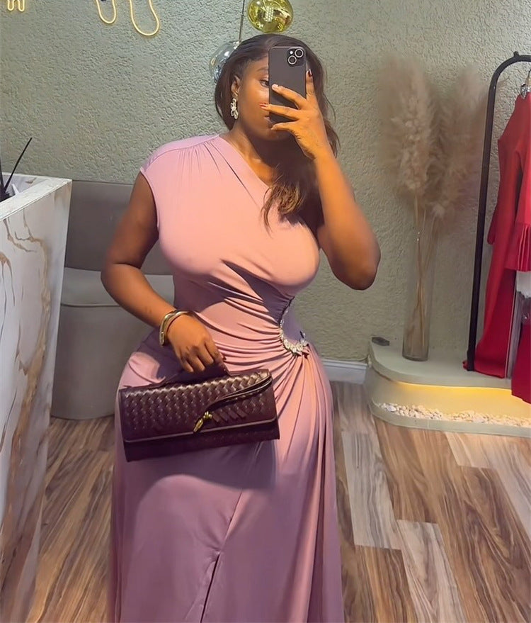 Women's Summer Chic Slash Shoulder Pleated Crystal-Detailed Slim Waist Asymmetrical Maxi Dress