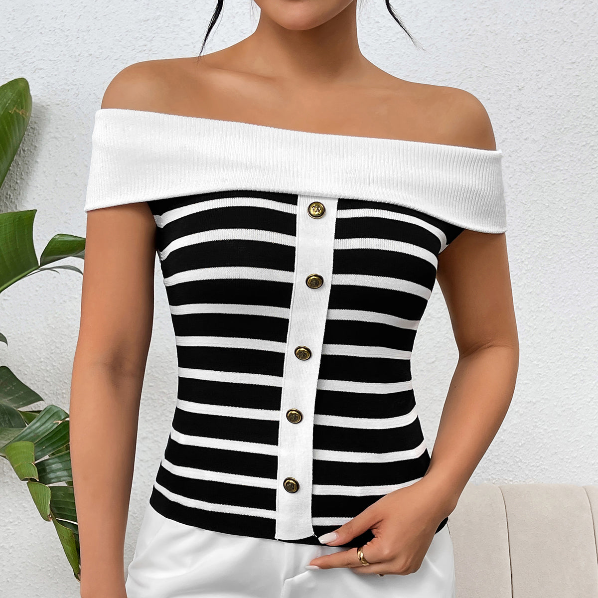 Spring/Summer Women's Fashion Long-Sleeve Striped Off-Shoulder Knit Top 11