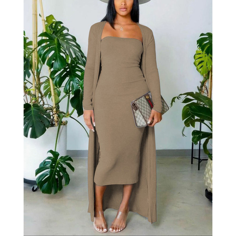 Autumn Long-Sleeved Coat Chic Fashion Solid Color Strapless Slim Long Dress Two Piece Set 11