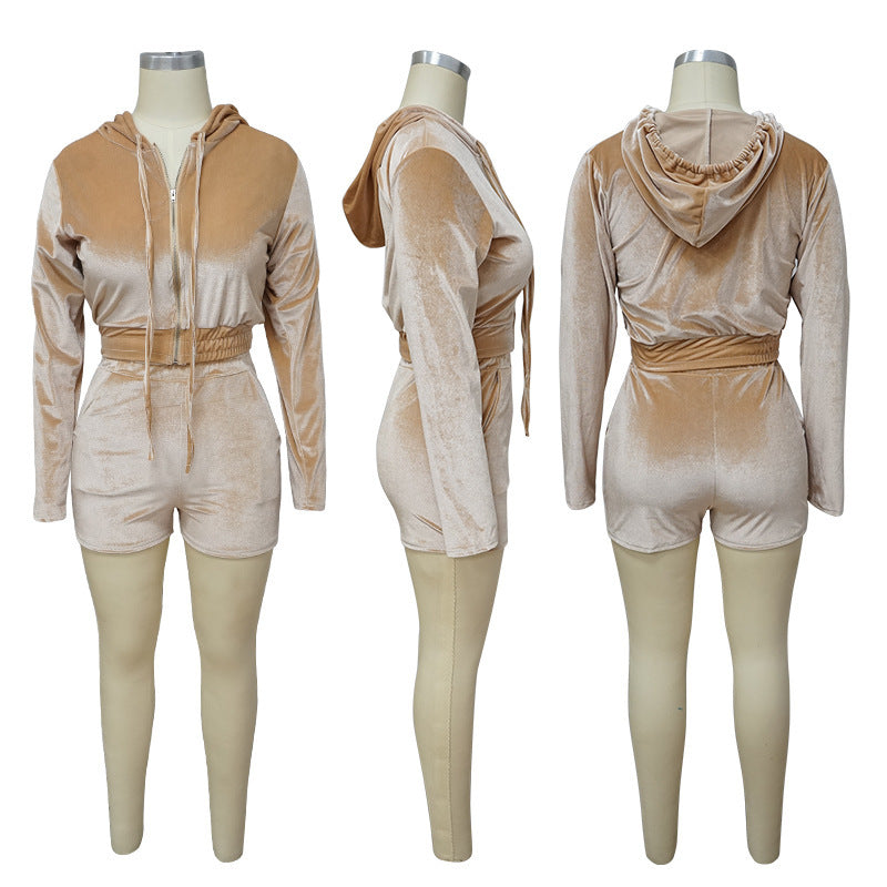 Women's Autumn Solid Velvet Hooded Long Sleeve Tight Fitting Two Piece Tracksuit 40