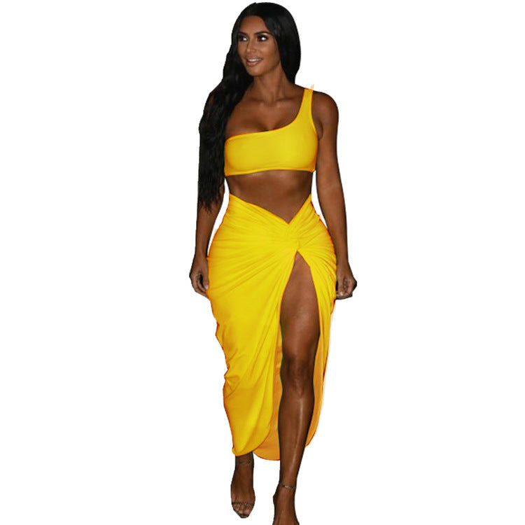 Plus Size Women Crinkled Solid Crop Top And Skirt Two Piece 7