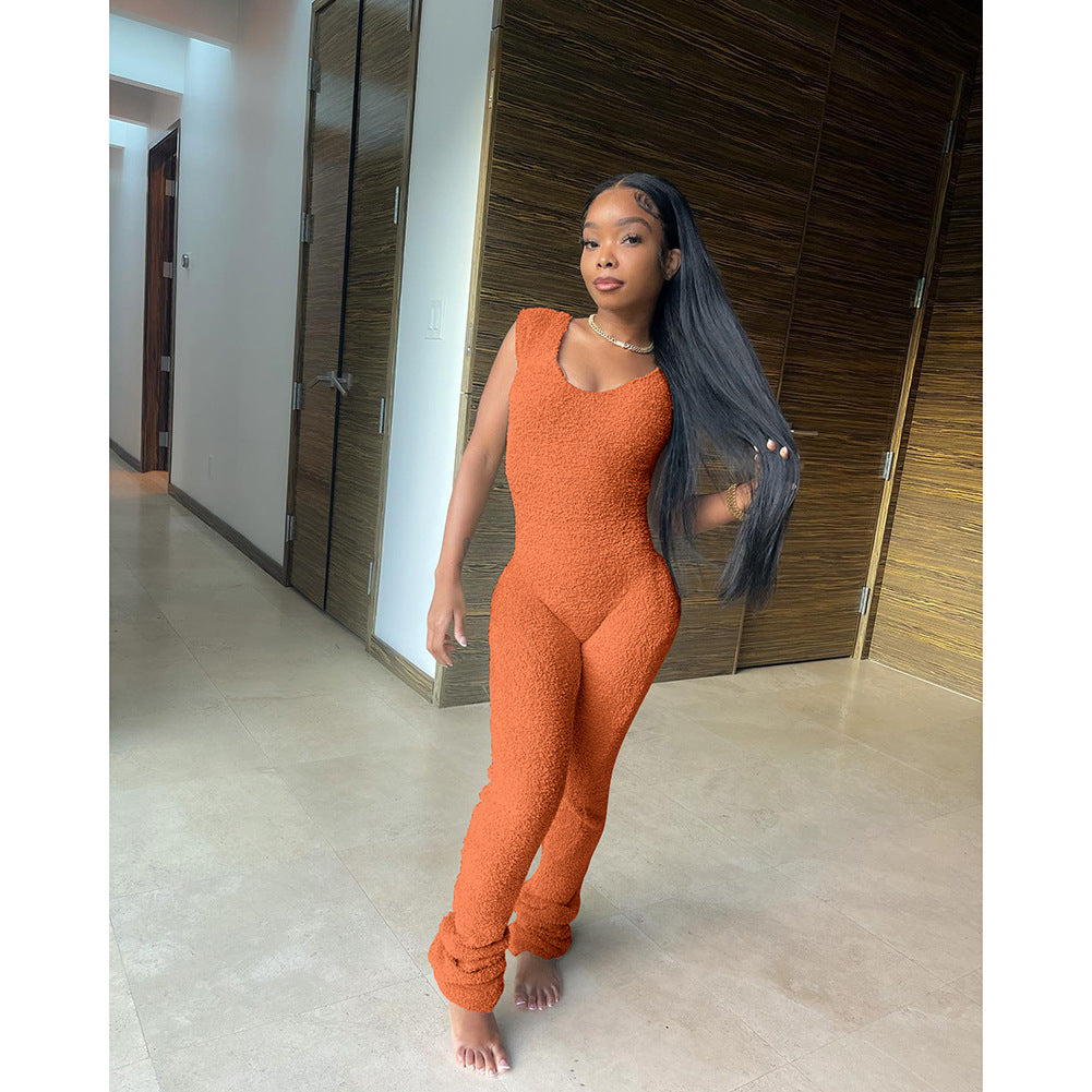 Women's Spring Summer Fashion Rice Grain Fleece Comfortable Sleeveless Pants Jumpsuit 5