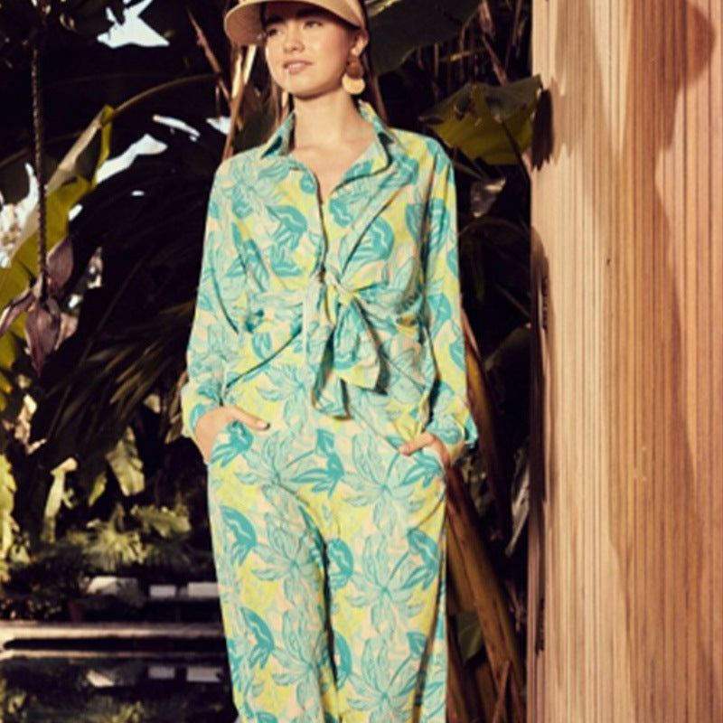 Women's Fashionable Loose Printed Long Sleeve Shirt Slit Wide Leg Pants Two Pieces Suit 5