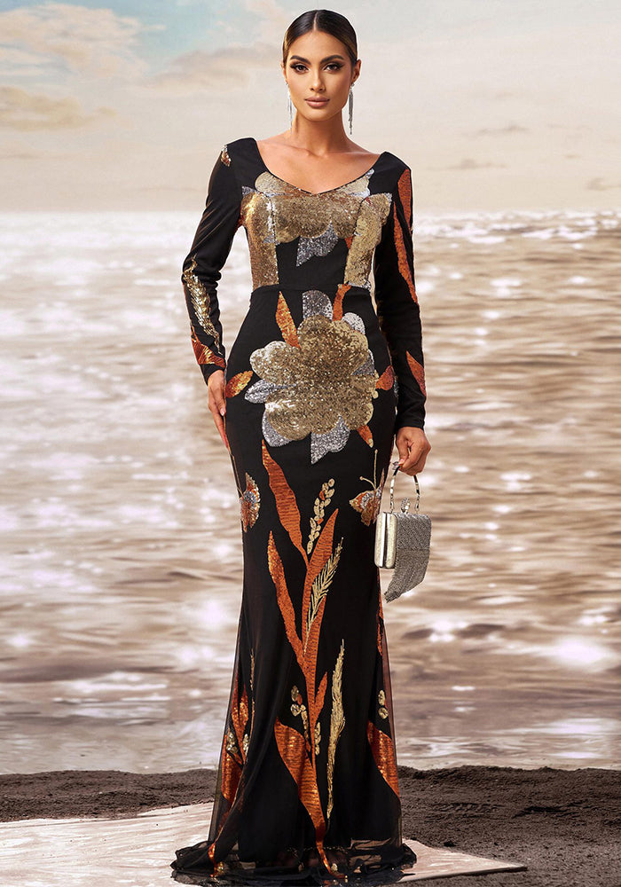 Women long sleeve v-neck Bodycon sequin Formal Party fishtail evening gown