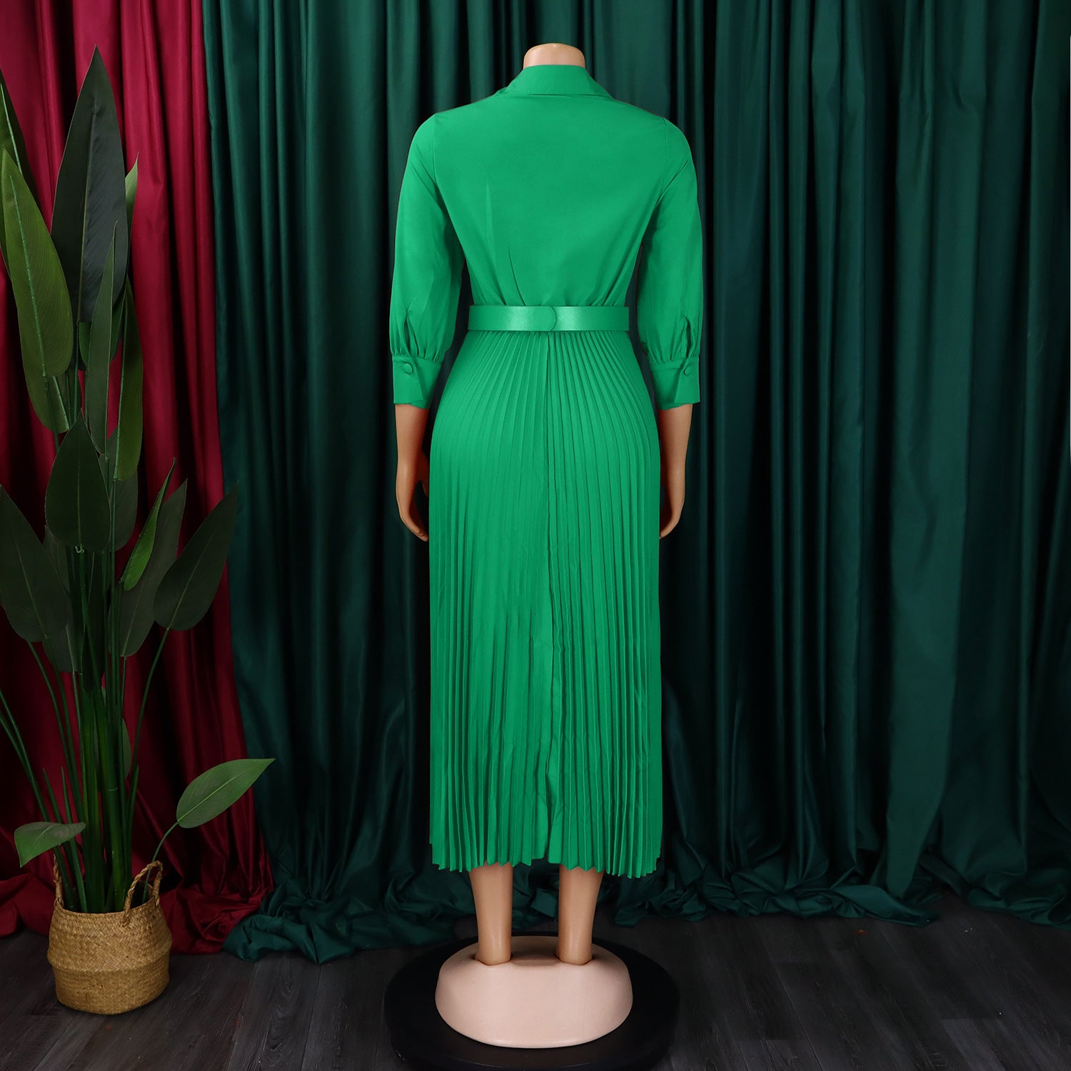 Spring V-Neck Solid Long Sleeve Pleated Dress for Women 16