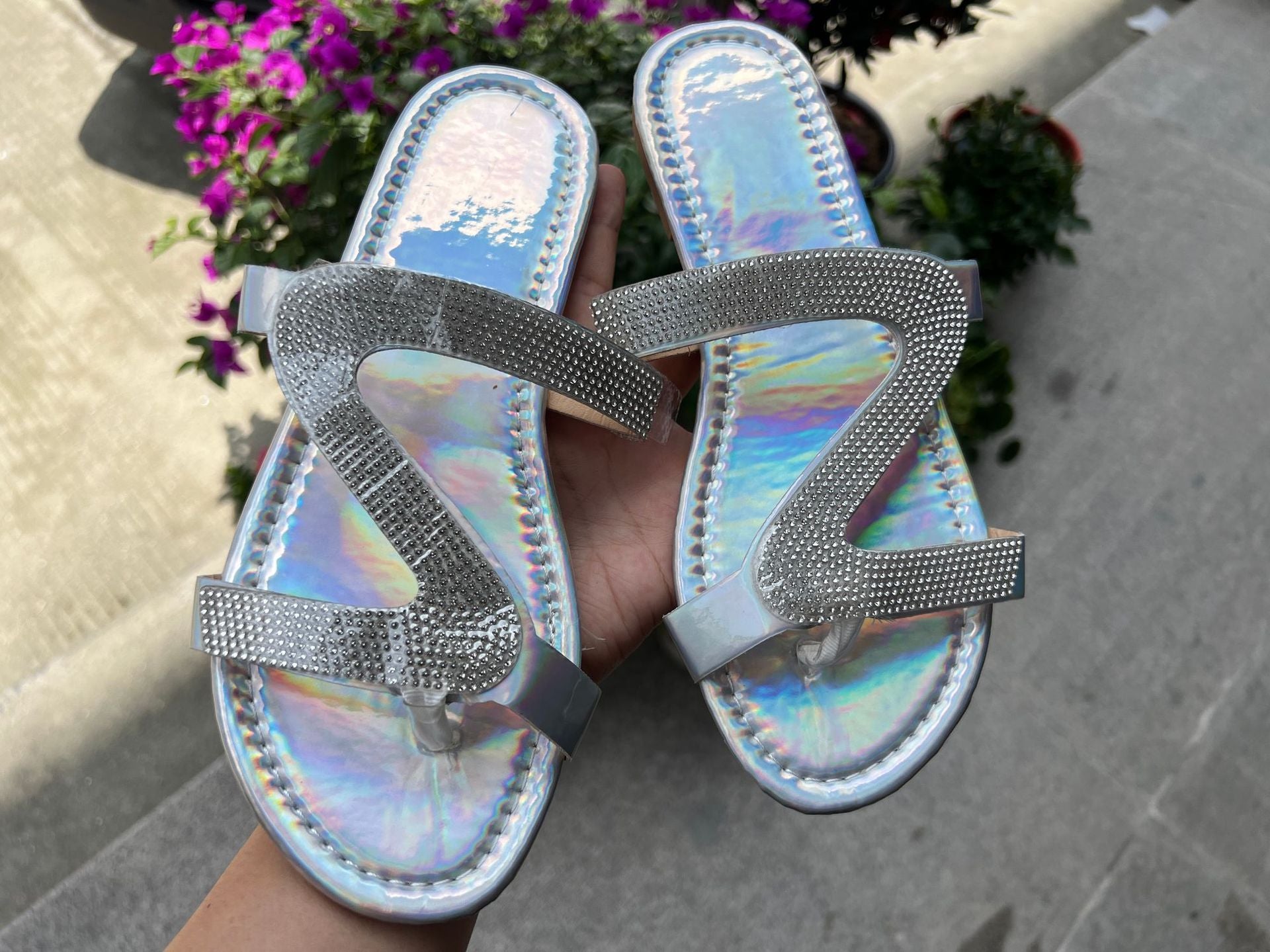 Plus Size Flat Sandal Flip flops Z-line Rhinestone Clip Toe Casual Outdoor Wear Beach Women's Shoe 23