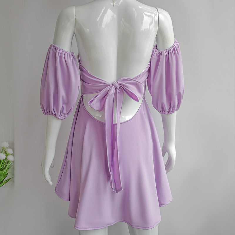 Women's Summer Square Neck Puff Sleeve Slim Waist Sexy Dress 7