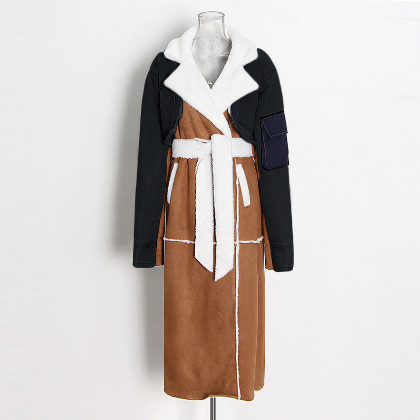 Women Autumn/Winter Turndown Collar Long Sleeve Lace-Fly Lamb Maxi Colorblock Denim Coat 14