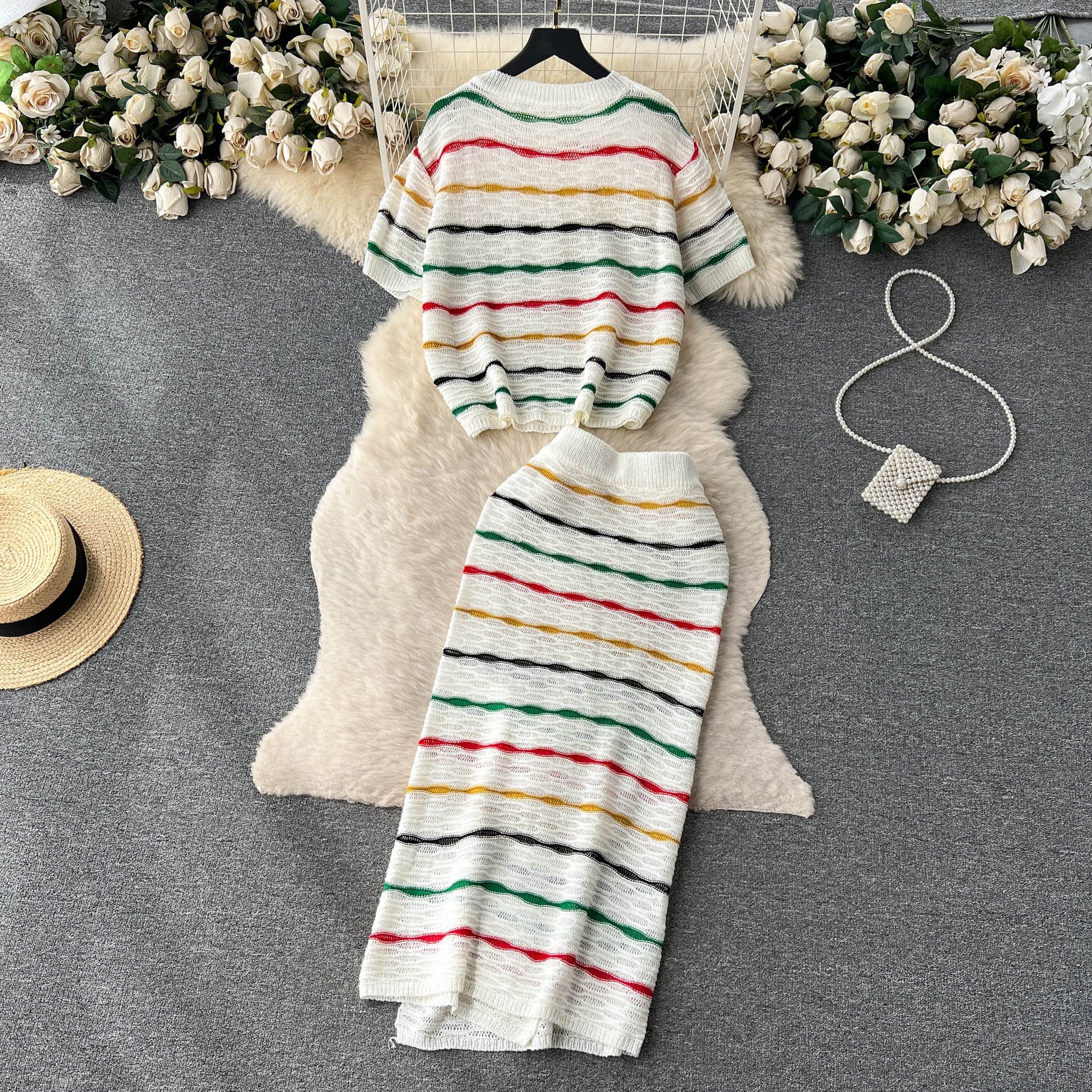 Striped Color-Blocking Loose Round Neck Knitted Crop Top & High-Waist Bodycon Skirt Set 7