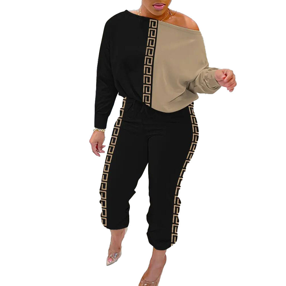 Sexy Contrast Patchwork Print Slash Shoulder Long Sleeve Two-Piece Pants Set 7